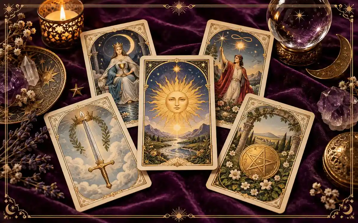 Composición de cartas del tarot que representa los arcanos mayores y menores de una baraja de 78 cartas