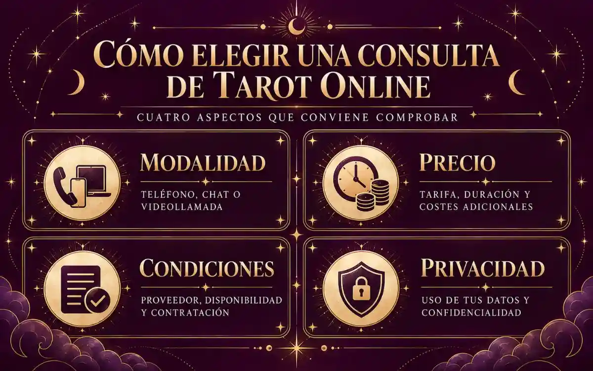 Infografía con cuatro criterios para elegir una consulta de tarot online: modalidad, precio, condiciones y privacidad.