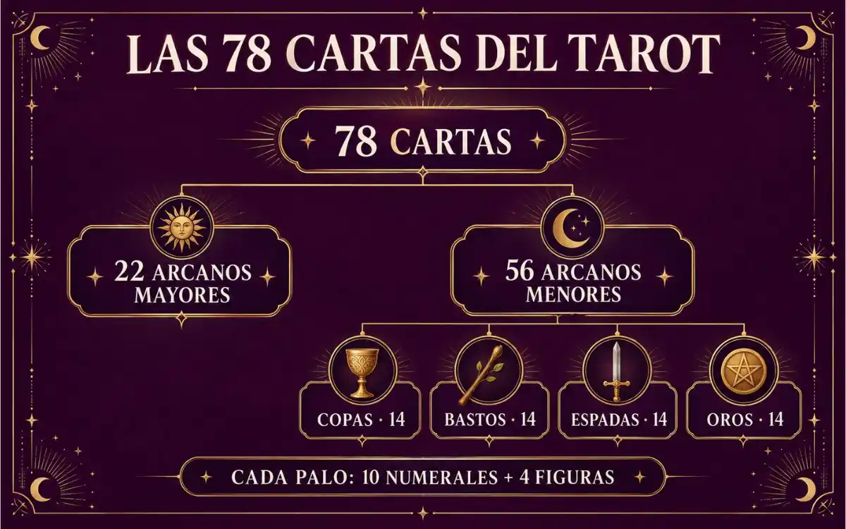 Infografía de las 78 cartas del tarot: 22 arcanos mayores y 56 menores distribuidos en cuatro palos de 14 cartas