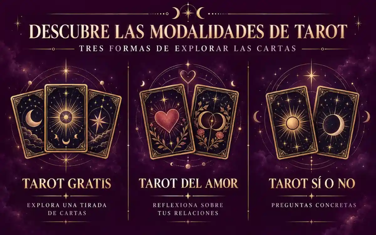 Infografía que presenta el tarot gratis, el tarot del amor y el tarot sí o no mediante tres ilustraciones de cartas.