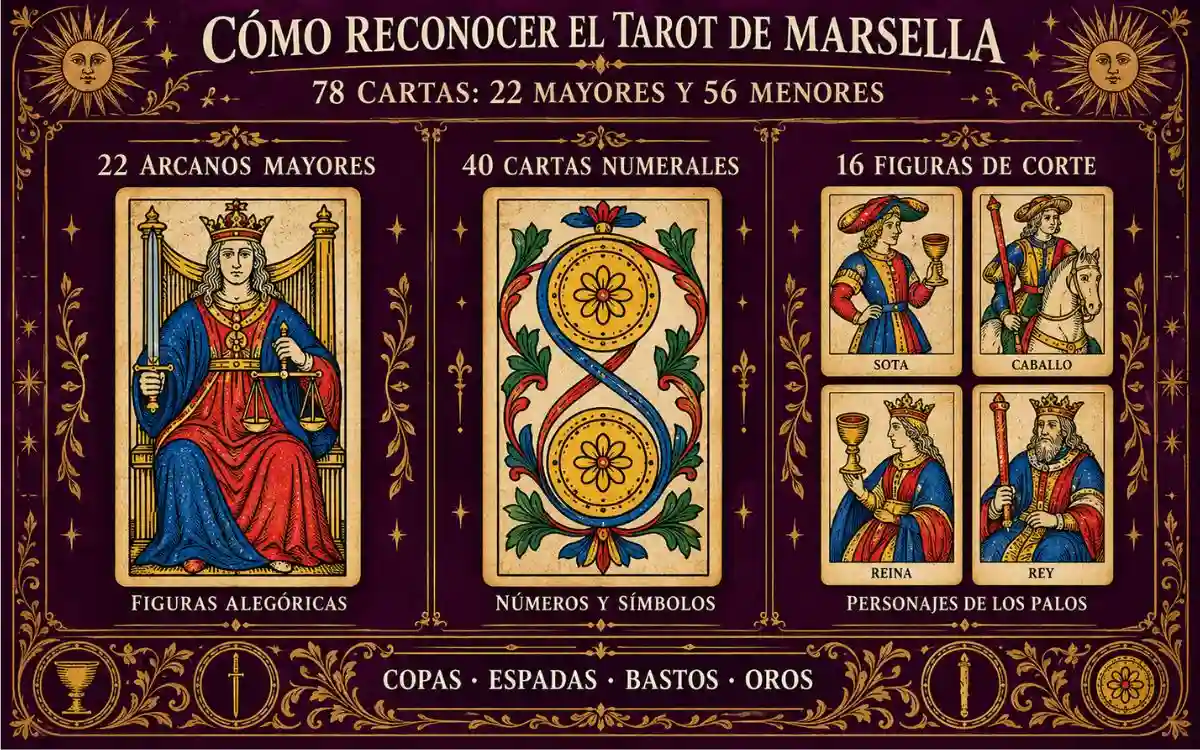 Infografía de un Tarot de Marsella con arcanos mayores, cartas numerales y cuatro figuras de corte