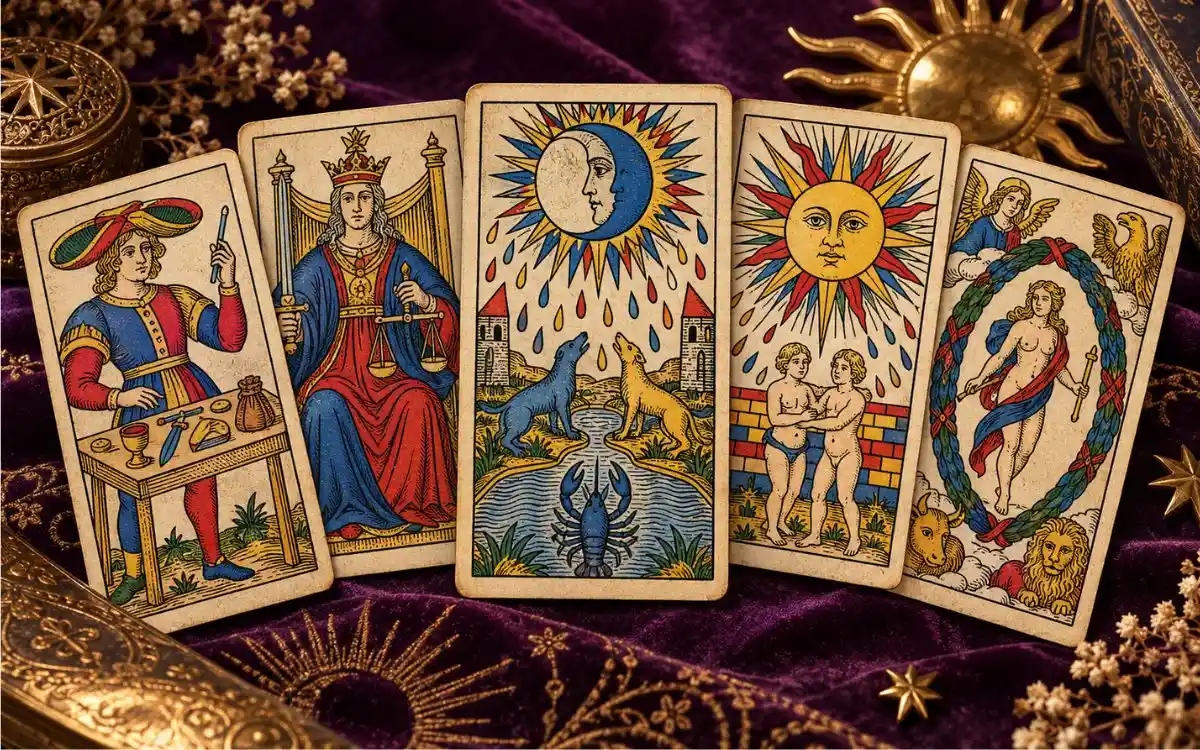 Recreación editorial de cinco cartas de Tarot de Marsella con figuras alegóricas y ornamentos tradicionales