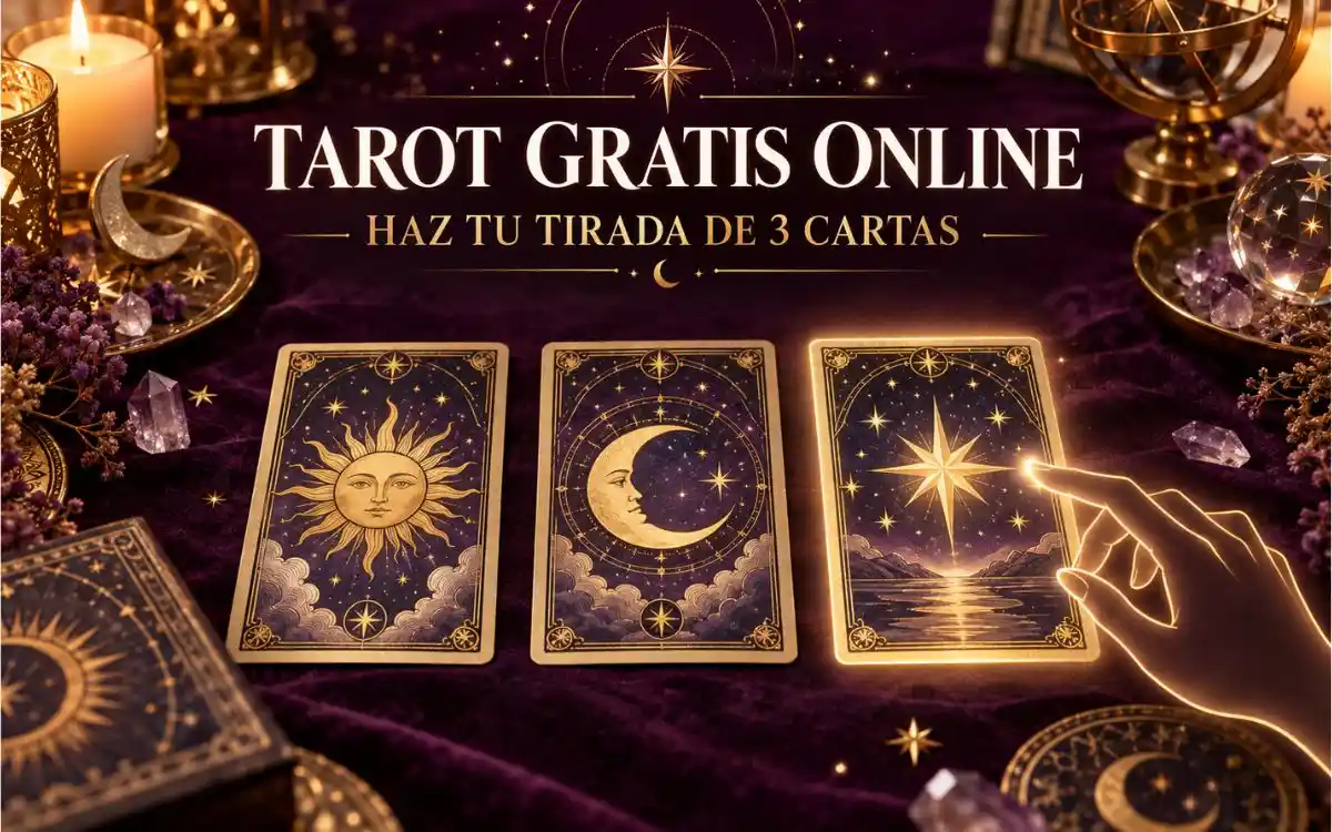 Tres cartas de tarot sobre una mesa púrpura en una tirada de tarot gratis online