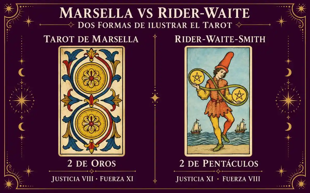 Comparación del Dos de Oros marsellés con el Dos de Pentáculos Rider-Waite-Smith y de la numeración de Justicia y Fuerza