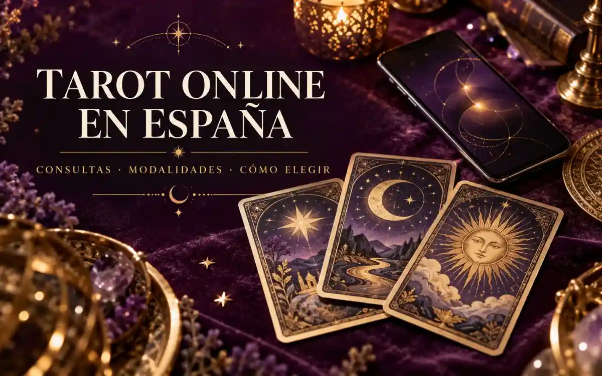 Tres cartas de tarot y un teléfono móvil en una composición sobre tarot online en España