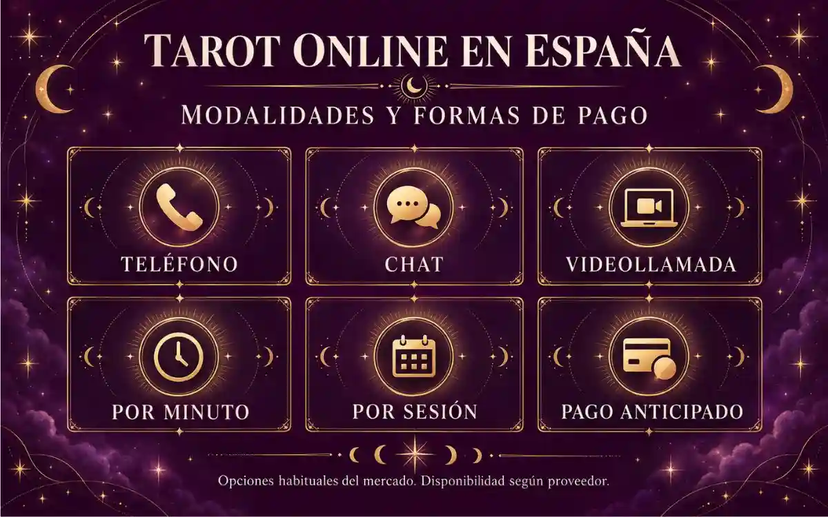 Infografía de tarot online en España con teléfono, chat, videollamada y tres modelos de pago