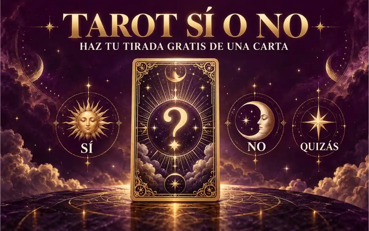 Carta de tarot central con símbolos de sí, no y quizás sobre un fondo púrpura y dorado