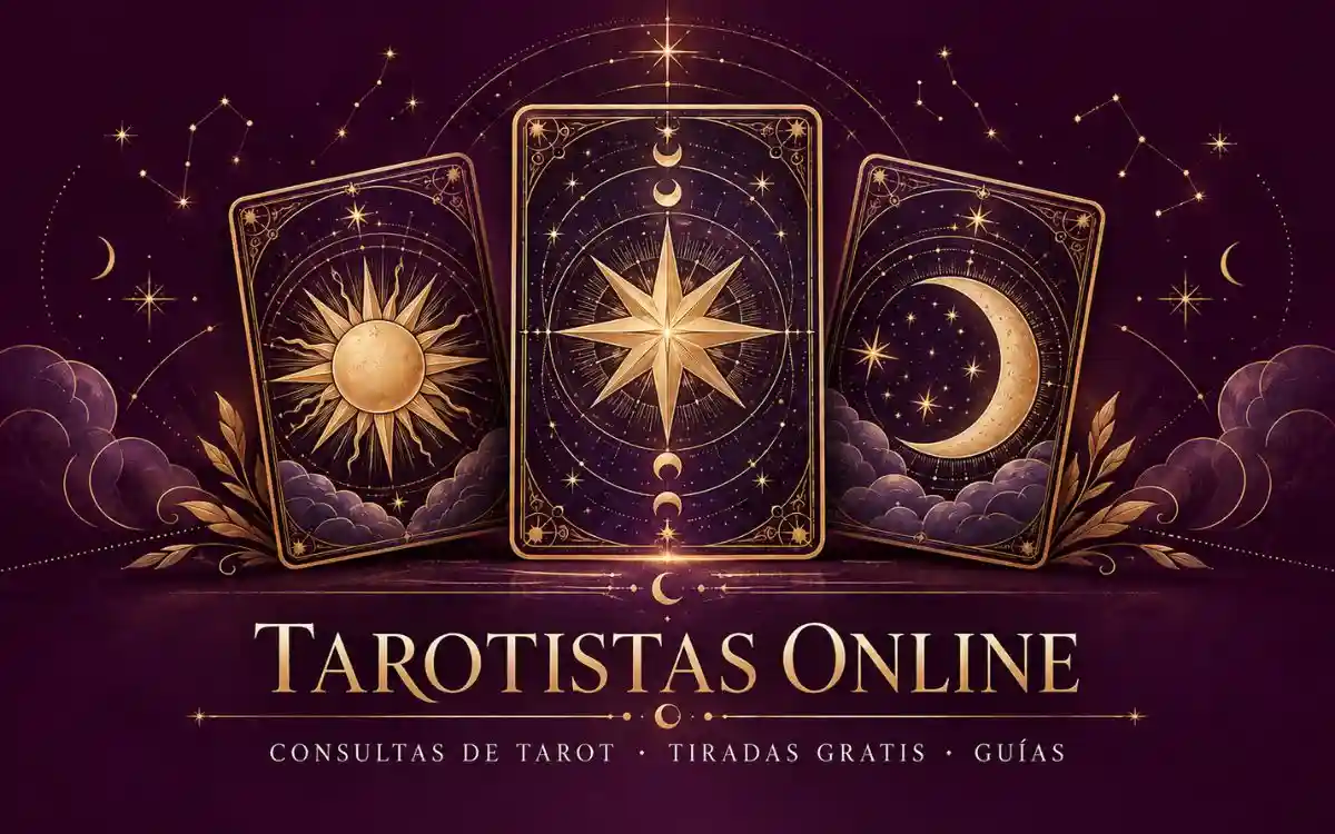 Tres cartas de tarot con símbolos del Sol, la Luna y una estrella dorada sobre un fondo púrpura.